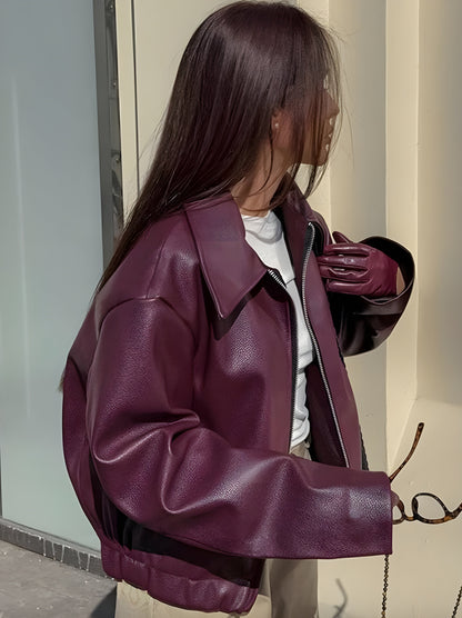 Women's Red Bordeaux Zipped Jacket Size M Faux Leather