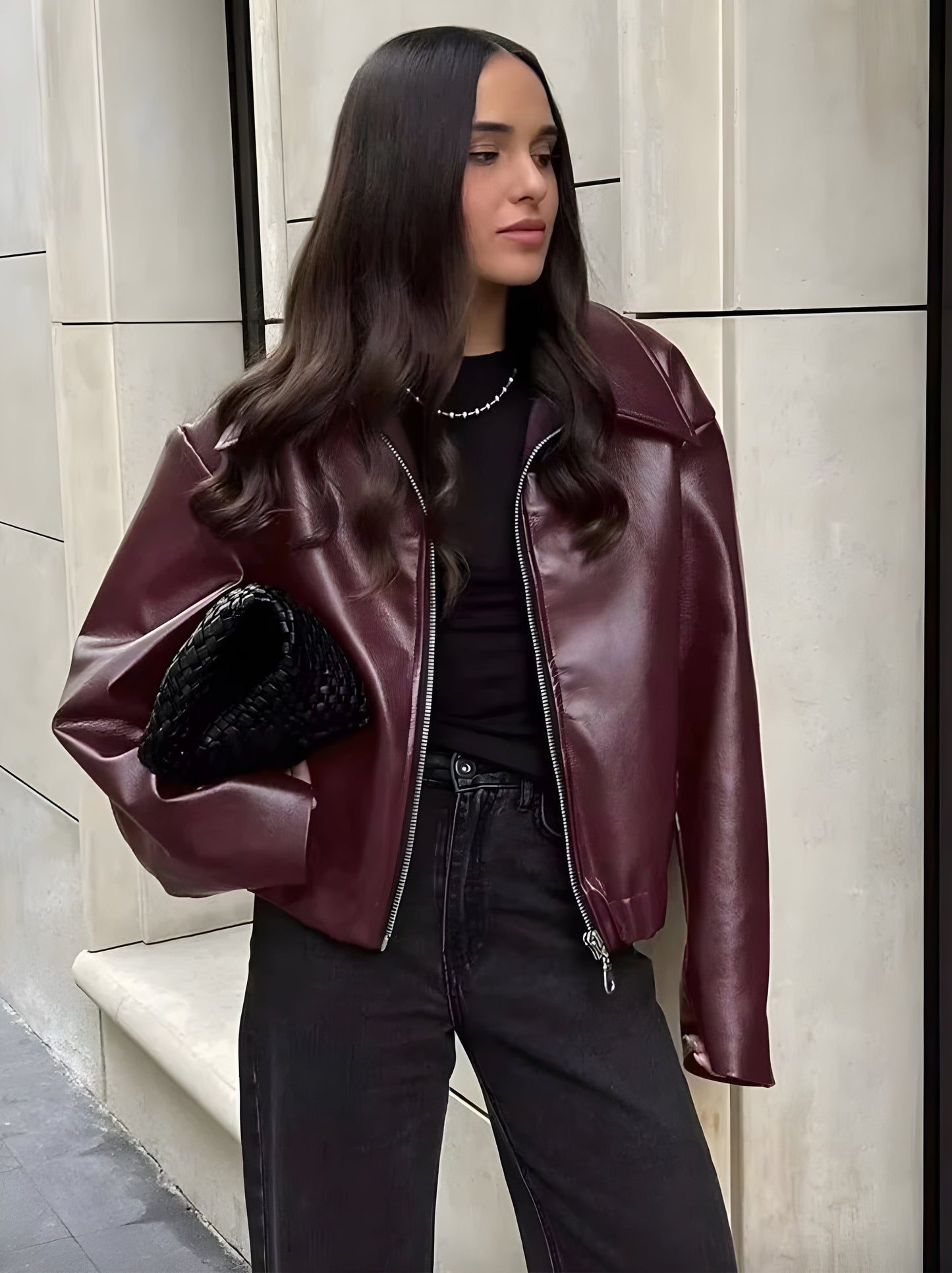 Women's Red Bordeaux Zipped Jacket Size M Faux Leather