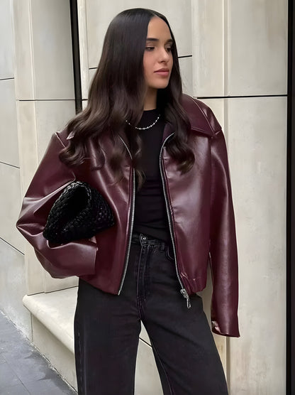 Women's Red Bordeaux Zipped Jacket Size M Faux Leather