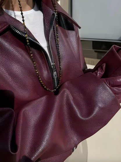 Women's Red Bordeaux Zipped Jacket Size M Faux Leather