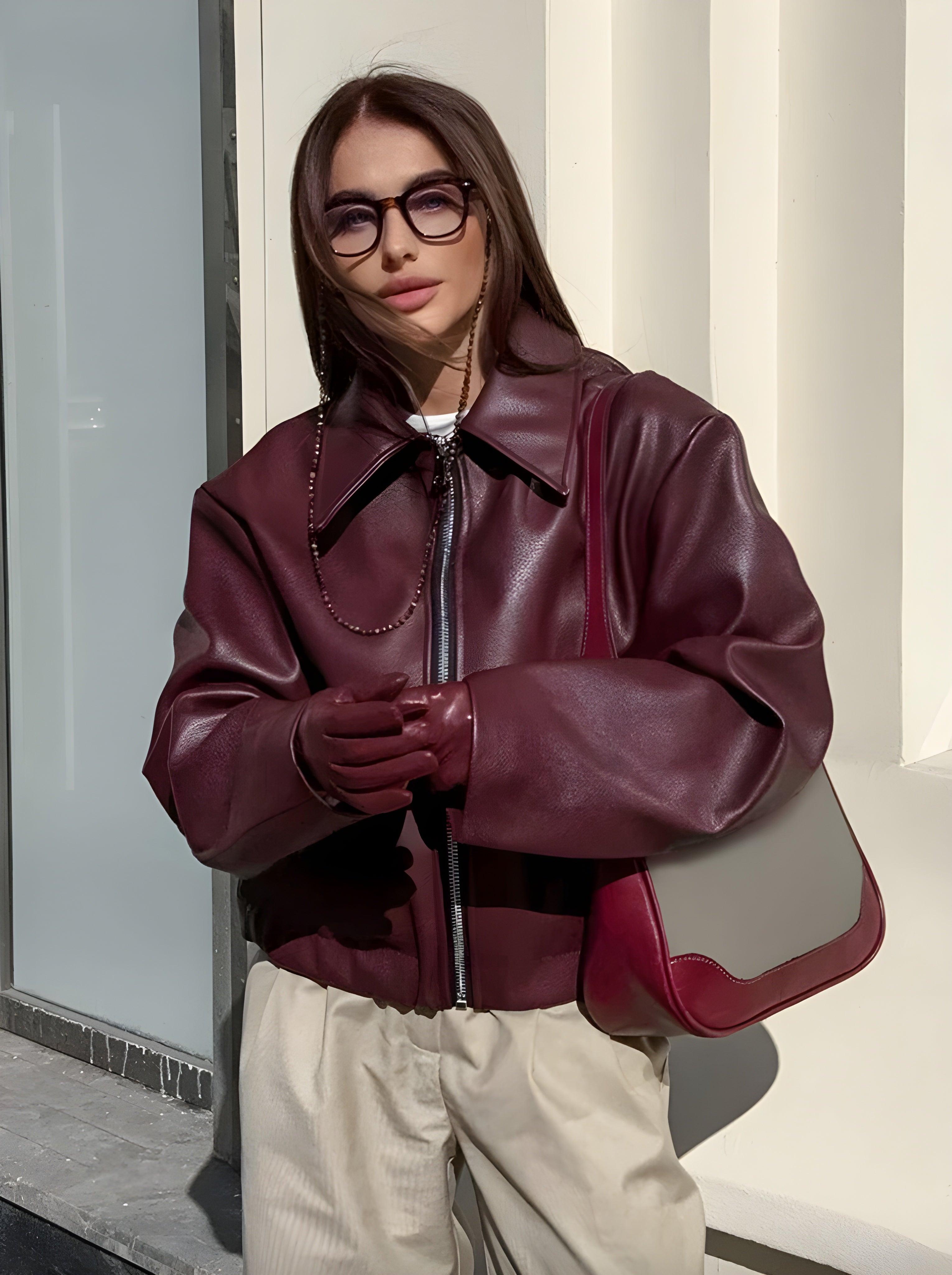 Veste Femme Zippée Rouge Bordeaux Taille M Similicuir