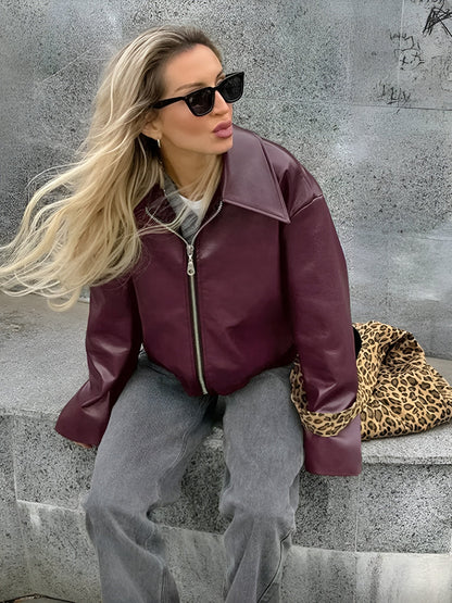 Women's Red Bordeaux Zipped Jacket Size M Faux Leather