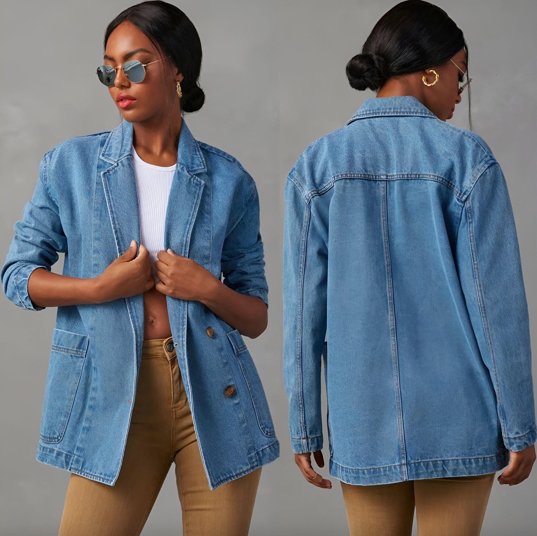 Veste Blazer Femme Jean Bleu Taille M 100% Coton Décontractée