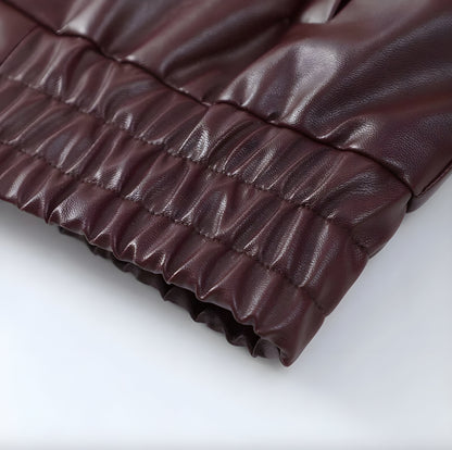 Women's Elegant Synthetic Leather Bomber Jacket with Elastic Waist – Modern and Versatile Style