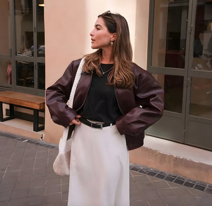Women's Elegant Synthetic Leather Bomber Jacket with Elastic Waist – Modern and Versatile Style