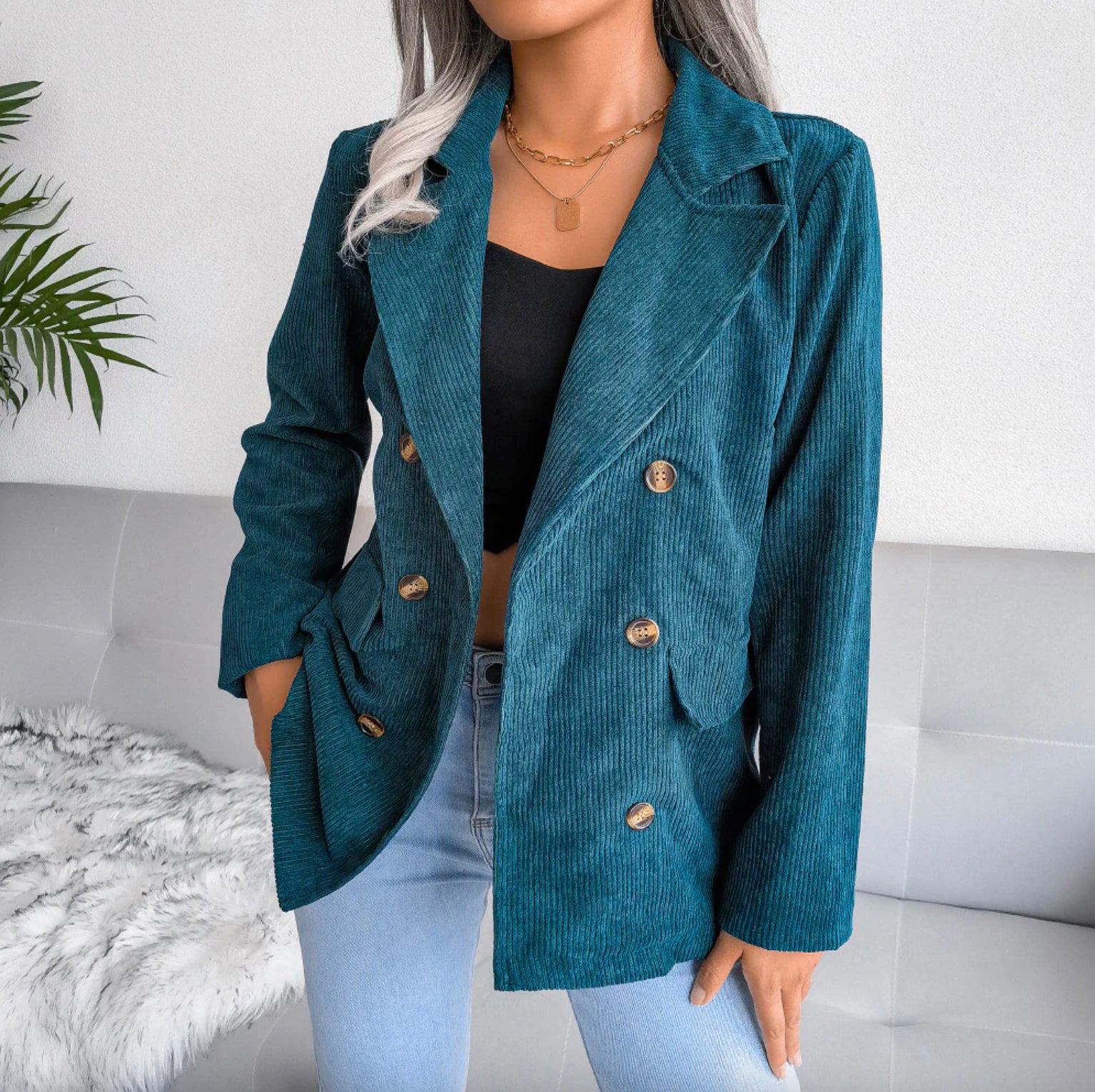 Blazer Homme en Velours Côtelé Noir à Double Boutonnage – Élégant et Décontracté pour Toutes Occasions