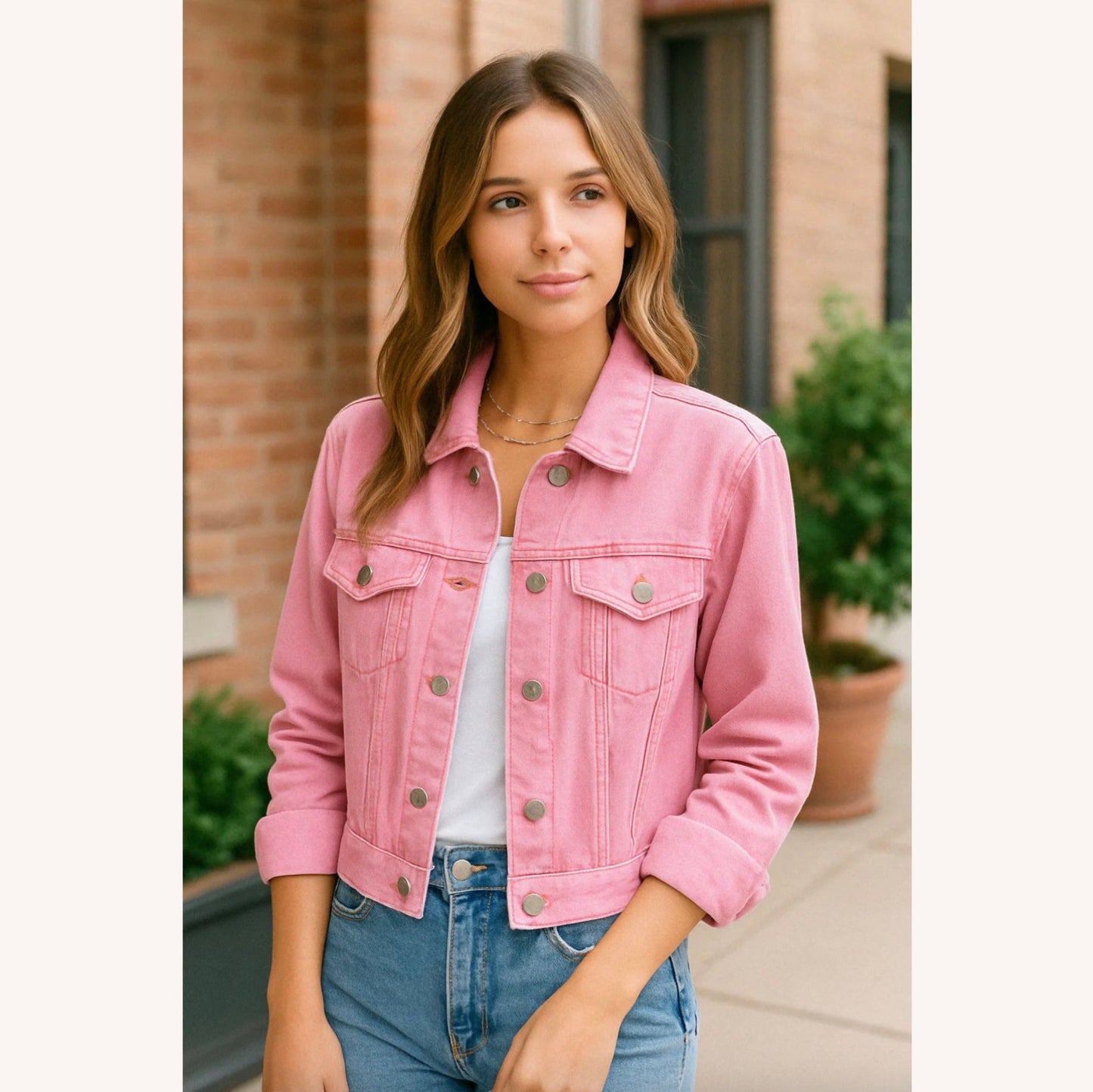 Women's Pink Denim Jacket Size M 100% Cotton