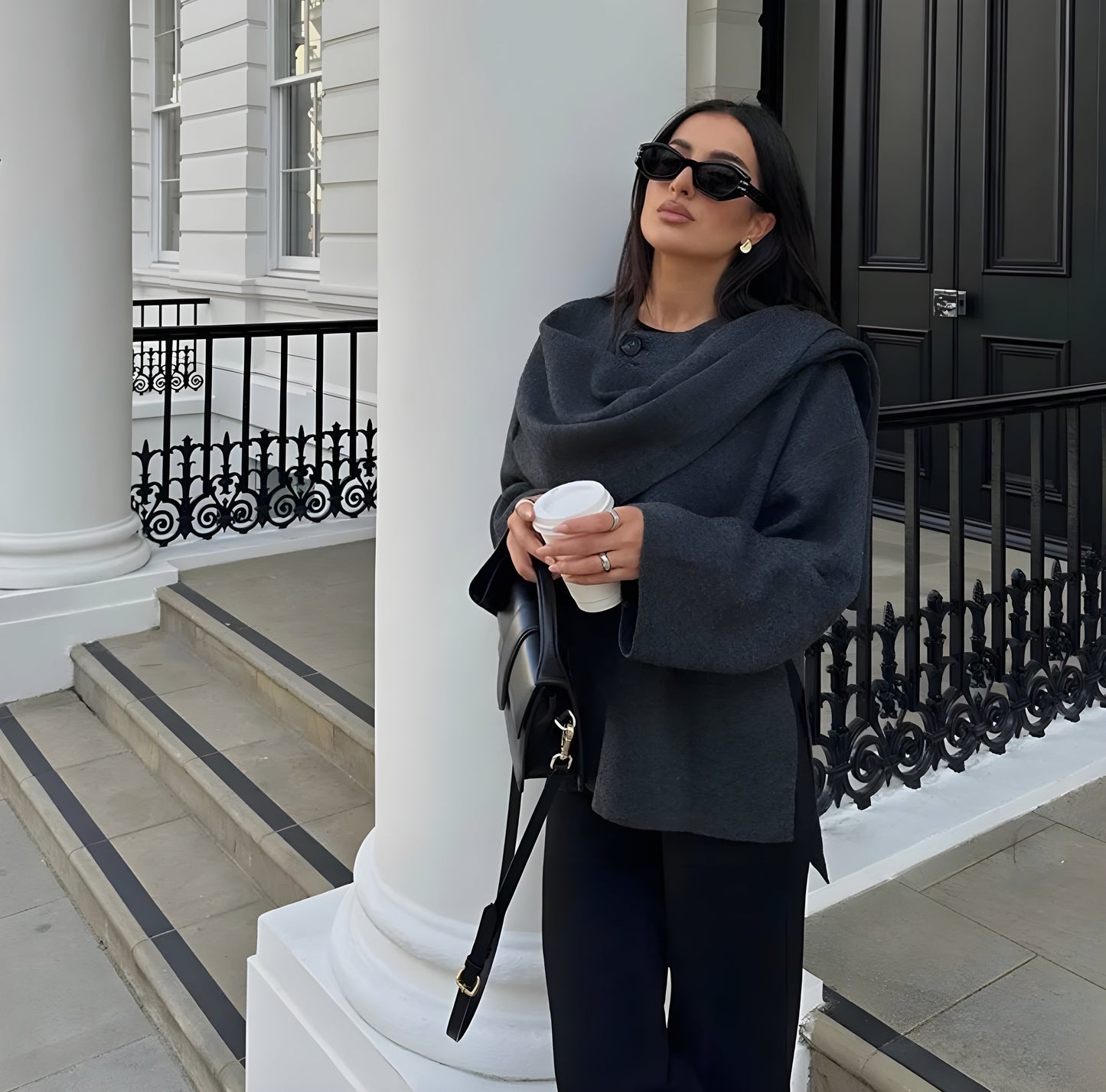 Winter Coat Women Gray Size M Wool Integrated Scarf