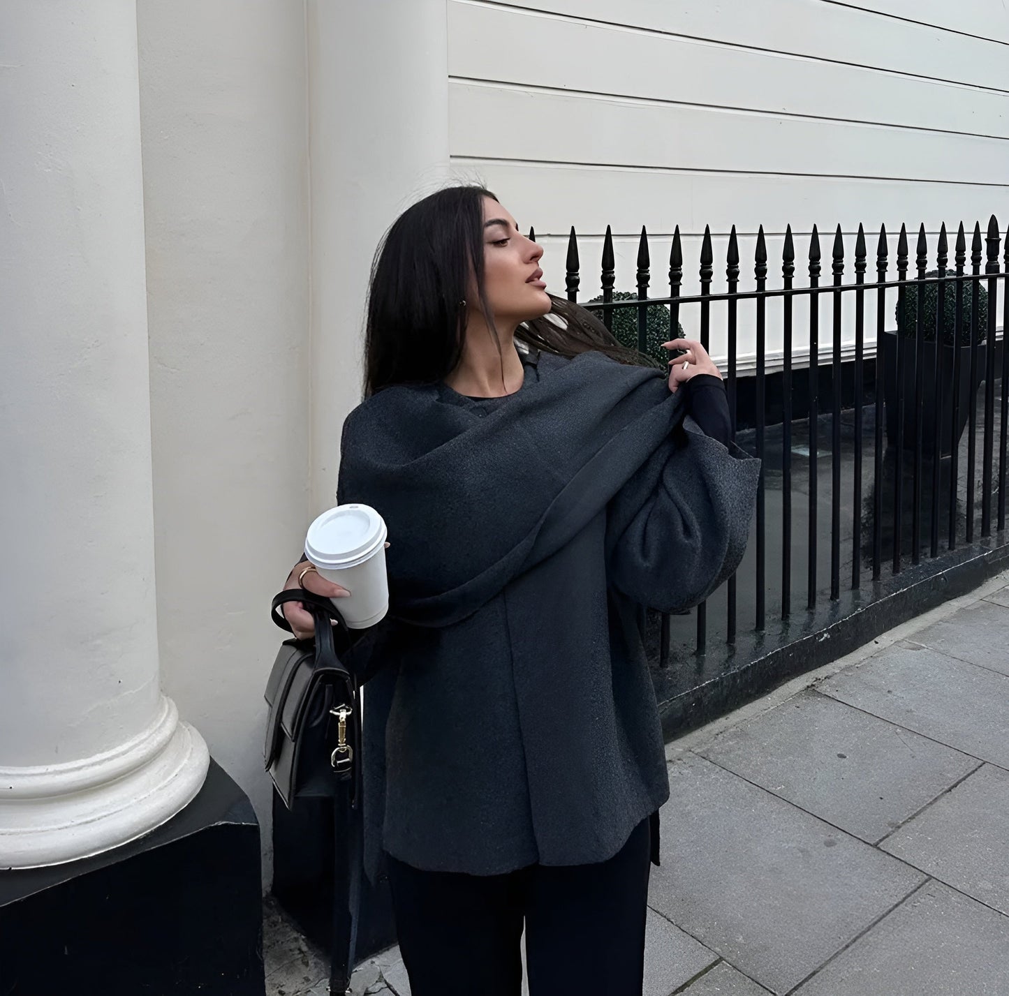 Winter Coat Women Gray Size M Wool Integrated Scarf