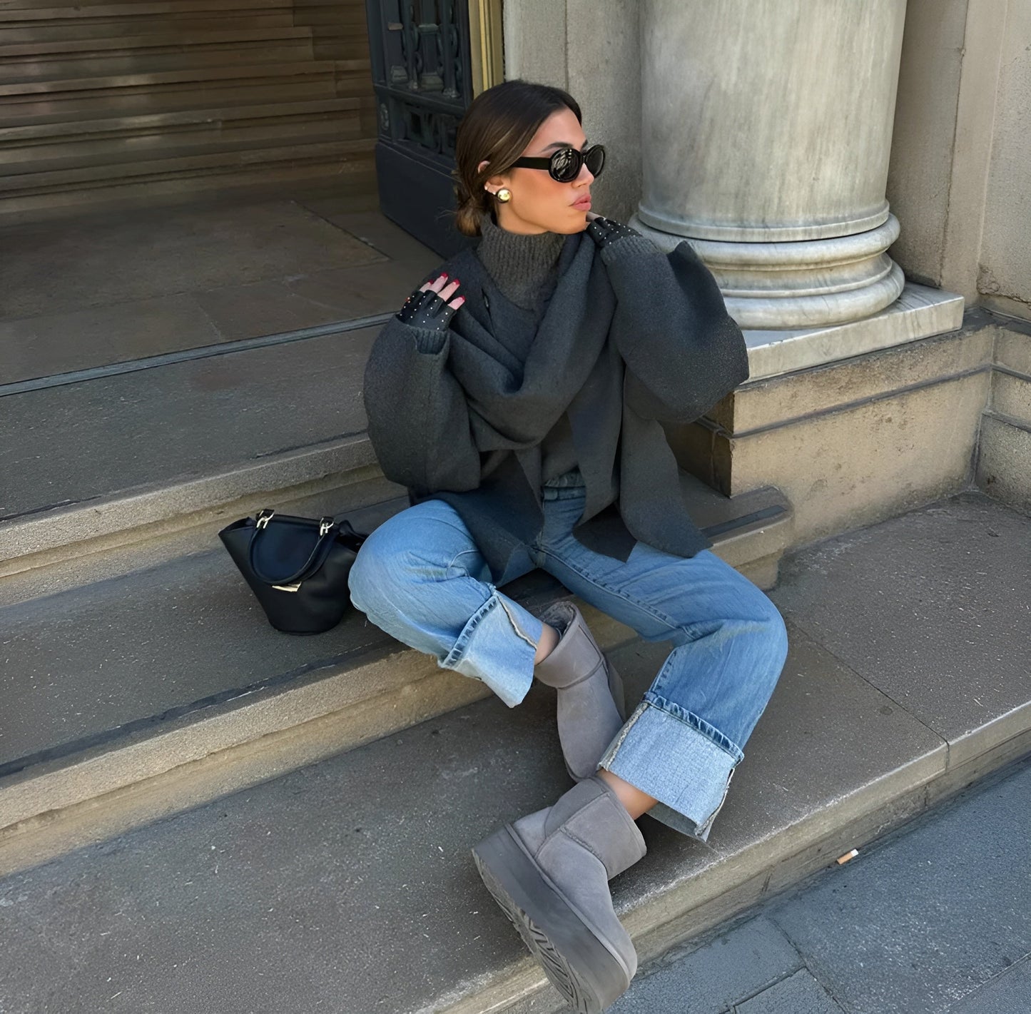 Winter Coat Women Gray Size M Wool Integrated Scarf