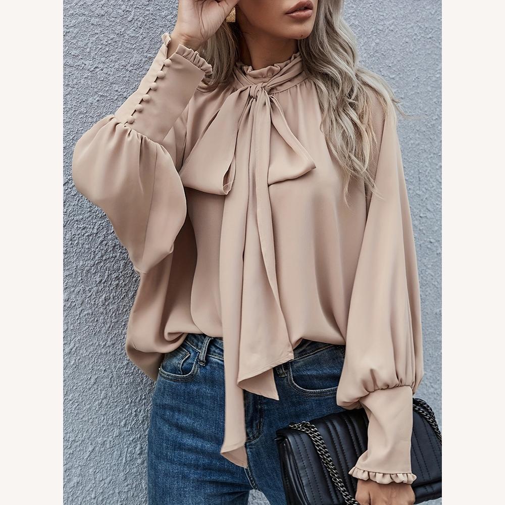 Blouse Femme Chic en Polyester Abricot avec Nœud Lavallière et Manches Bouffantes – Élégante et Polyvalente