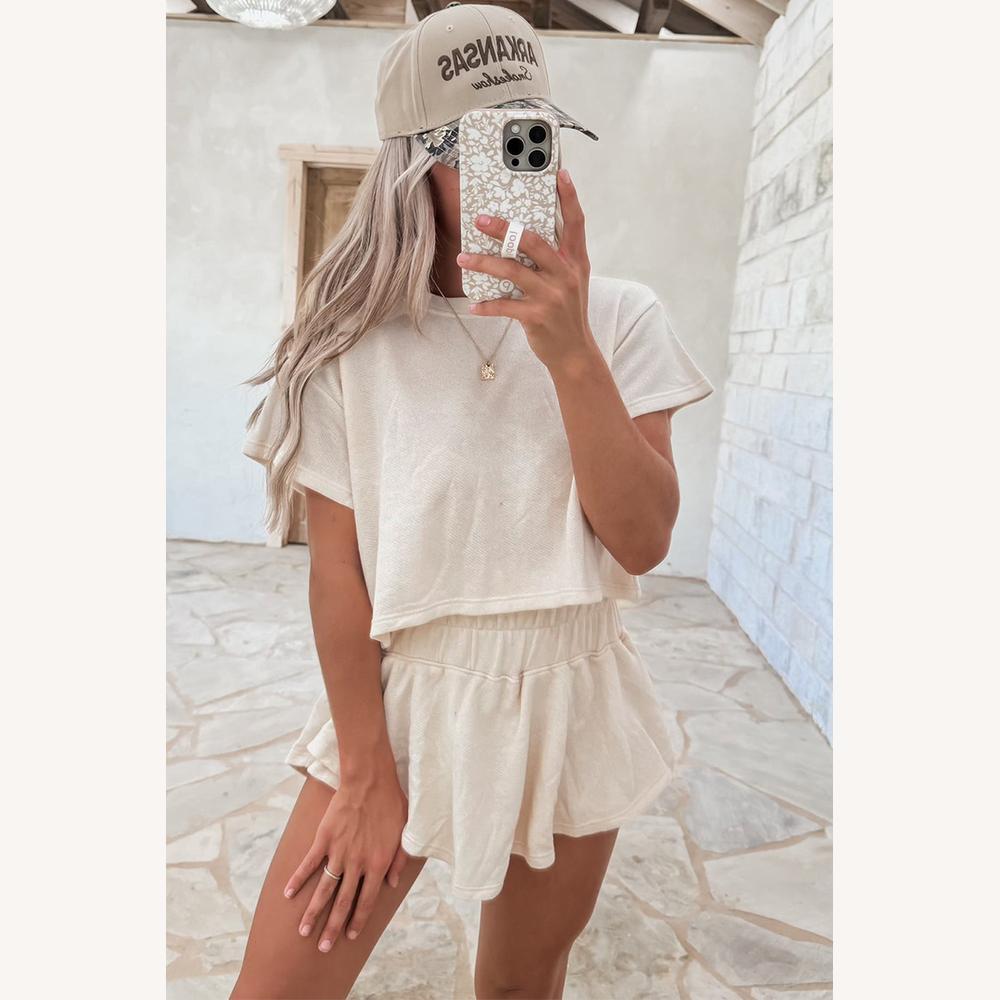 Women's Beige Polyester Set, Cropped Top and Flowing Shorts, Casual Style, Elastic Waist