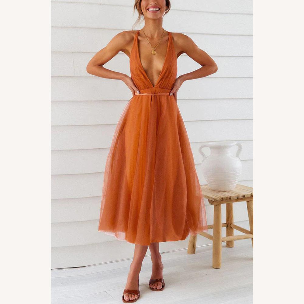 Robe Midi Femme en Tulle à Col en V – Élégante et Chic pour Occasions Spéciales