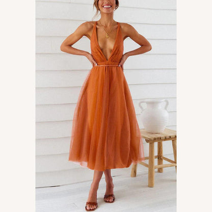 Women's Midi Dress in Tulle with V-Neck – Elegant and Chic for Special Occasions