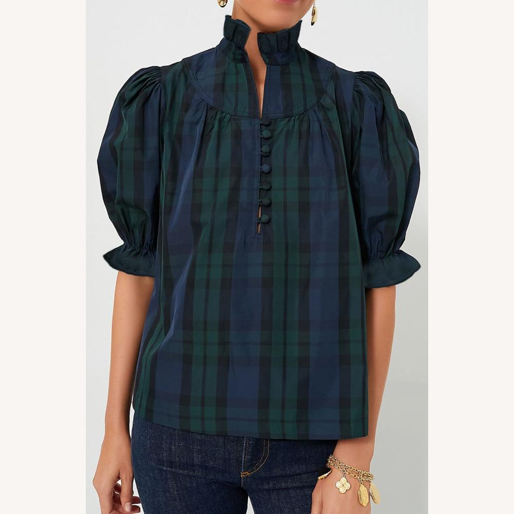 Variant image for Blouse Femme Élégante à Volants Vert Foncé, Manches Bouffantes, Col Montant, Coupe Ajustée-2