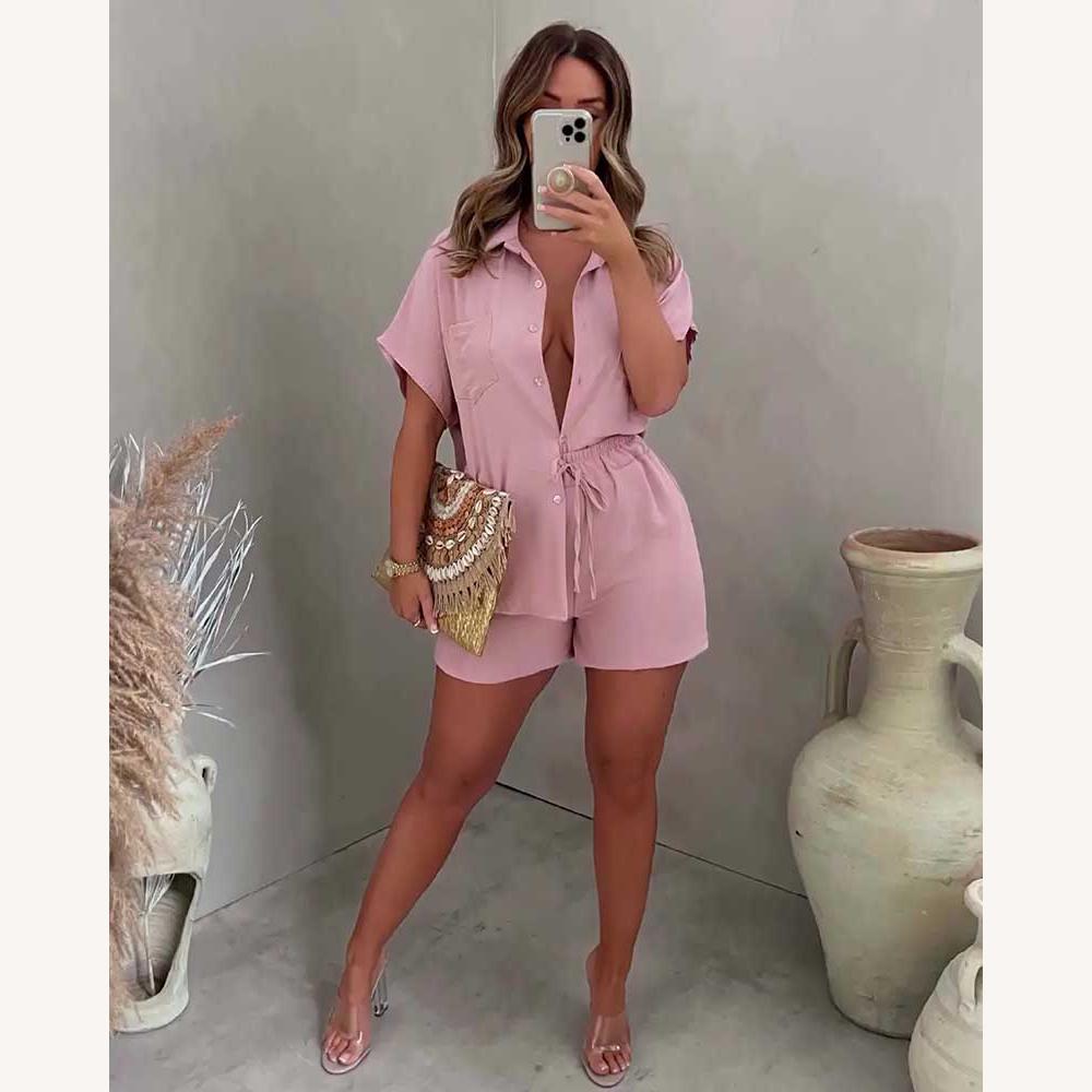 Combinaison Femme Chic Chemise à Manches Courtes Blanc, Légère et Élégante avec Ceinture Ajustable pour l'Été