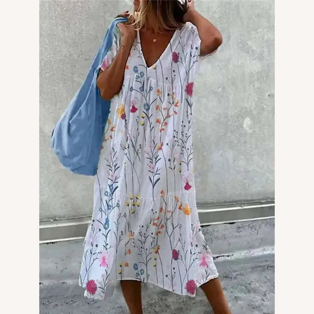 Robe de Plage Femme Boho Imprimé Floral, Col en V et Manches Courtes – Robe Légère et Confortable pour Été