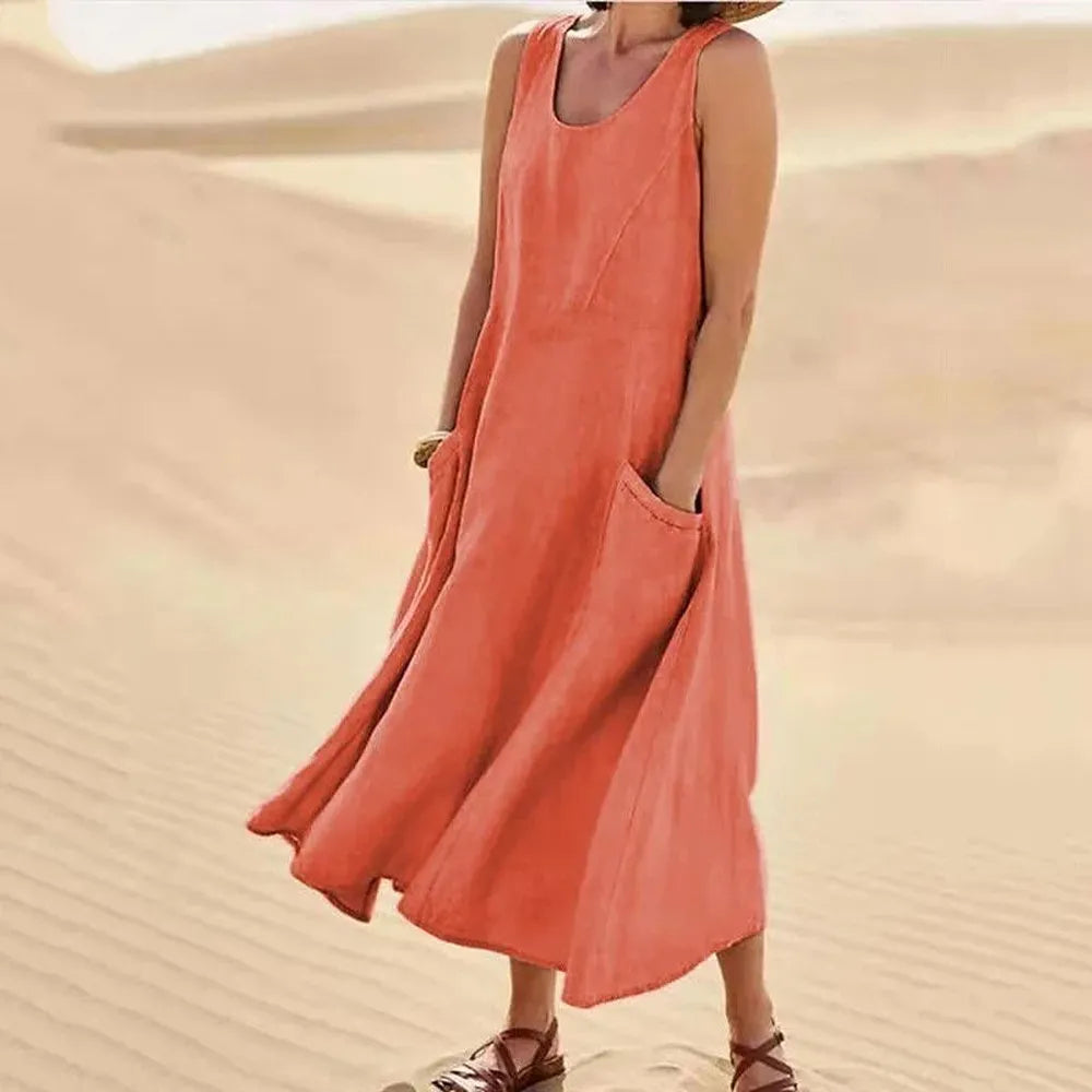 Robe Longue Femme Sans Manches en Coton et Lin avec Poches - Confort et Élégance d'Été