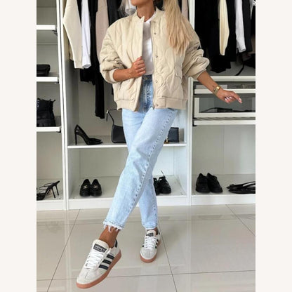 Quilted Bomber Jacket Men in Polyester – Warm and Trendy Casual Jacket, Oversize Fit, Snap Button Closure