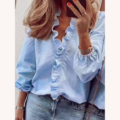 Women's Blouse with Ruffles V-Neck Elegant and Comfortable in Lightweight Fabric – Chic Long Sleeve Shirt