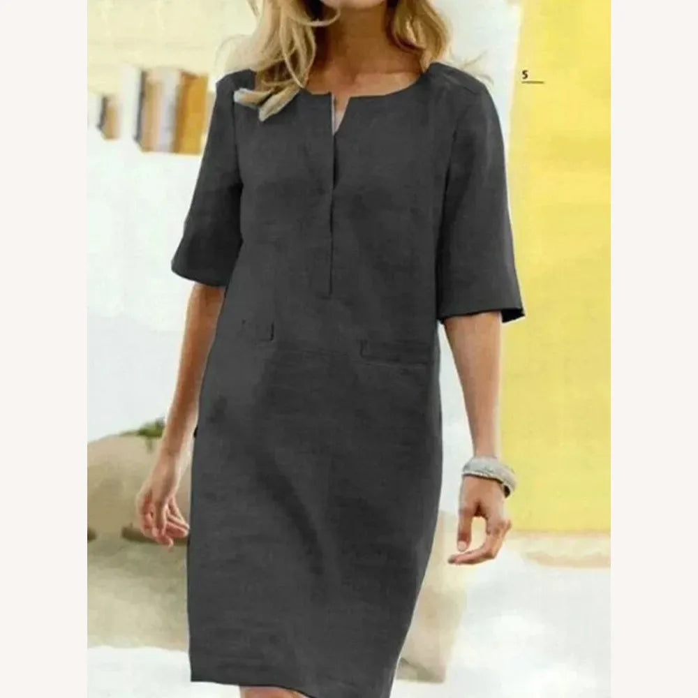 Robe Femme à Manches Courtes en Coton Mélangé – Élégance Décontractée pour Printemps Été
