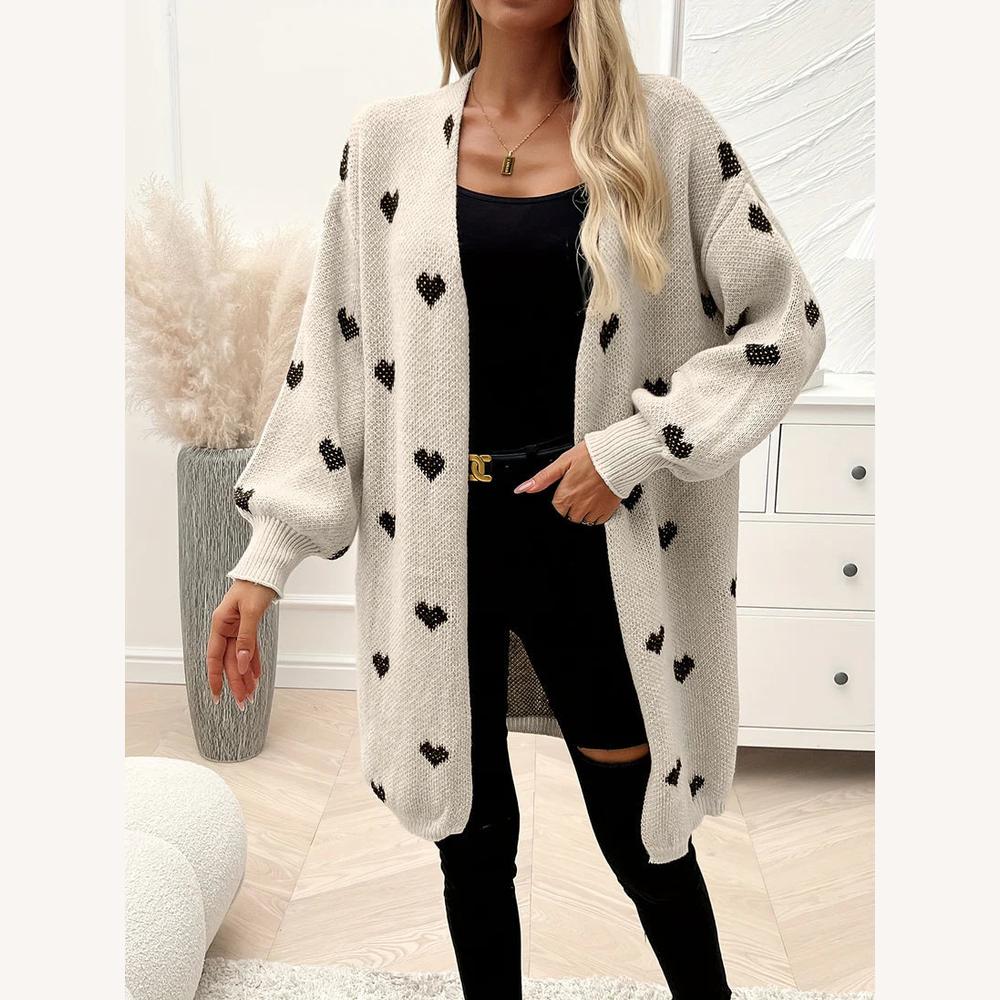 Long Women's Cardigan in Soft Knit with Black Heart Pattern – Comfortable and Casual for Autumn-Winter