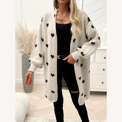 Long Women's Cardigan in Soft Knit with Black Heart Pattern – Comfortable and Casual for Autumn-Winter