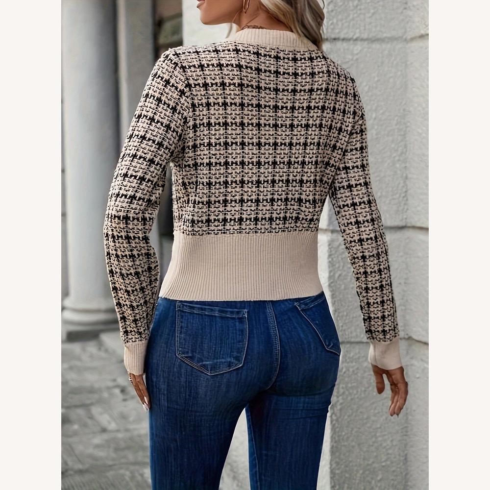 Cardigan Femme Chic en Maille Tweed avec Boutons Dorés – Coupe Ajustée et Motif à Carreaux