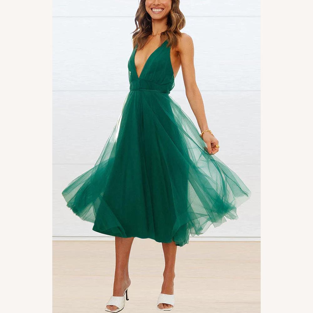 Robe Midi Femme en Tulle à Col en V – Élégante et Chic pour Occasions Spéciales