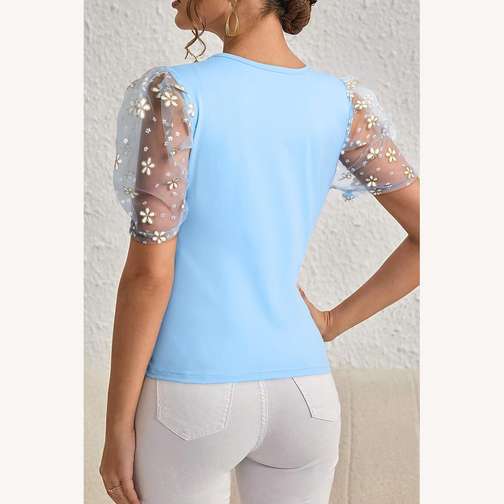 Haut Femme Élégant à Manches Bouffantes Brodées en Organza – Bleu, Confortable et Chic