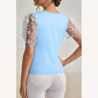 Elegant Women's Top with Embroidered Puff Sleeves in Organza – Blue, Comfortable and Chic