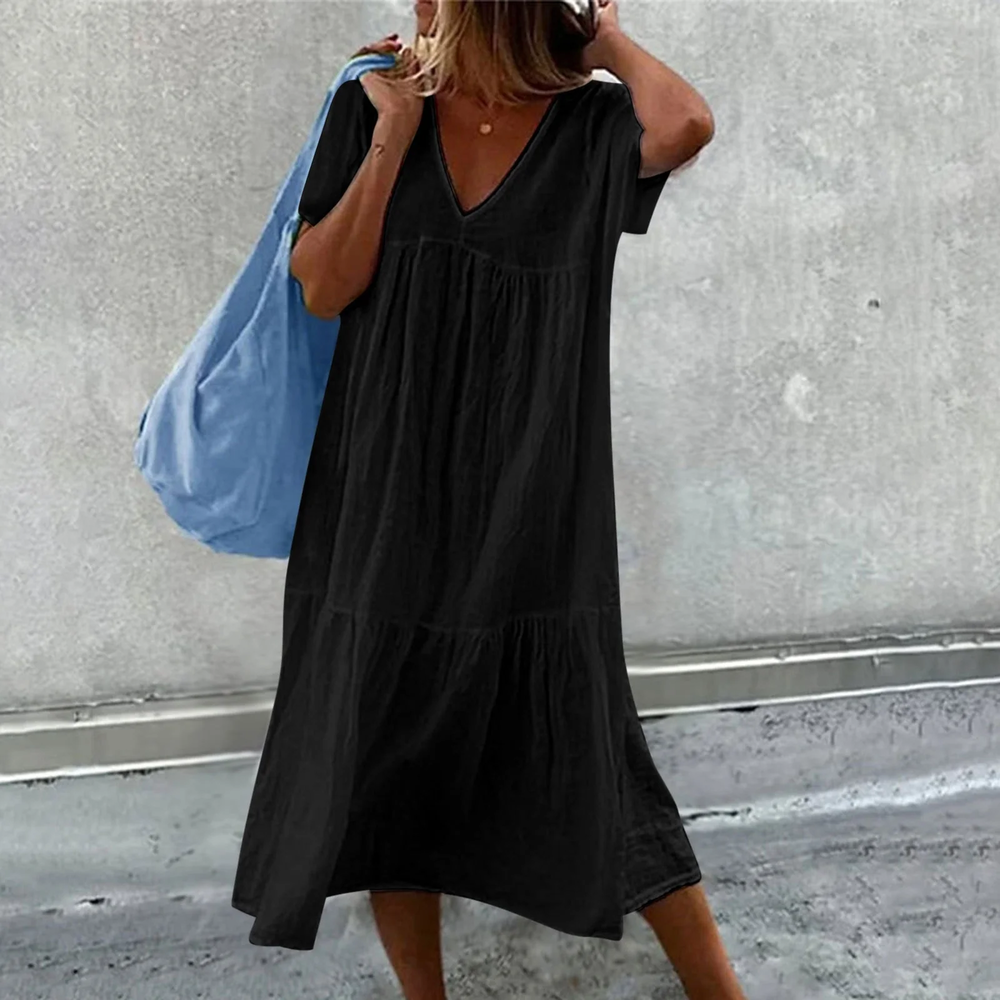 Robe Décontractée Femme Longue avec Col en V et Poche – Élégance Quotidienne pour Toutes Occasions