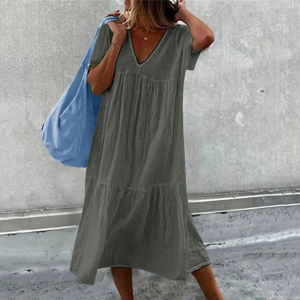Casual Long Women's Dress with V-Neck and Pocket – Daily Elegance for All Occasions
