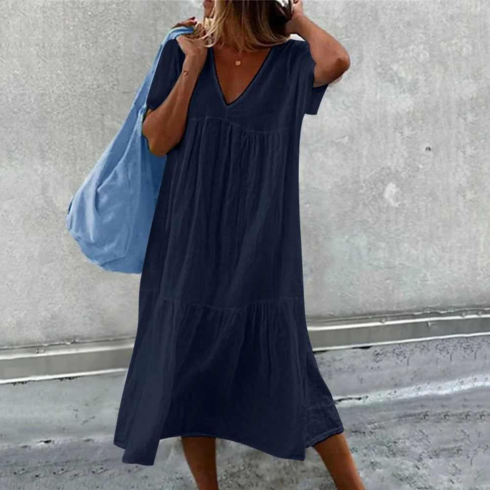 Casual Long Women's Dress with V-Neck and Pocket – Daily Elegance for All Occasions