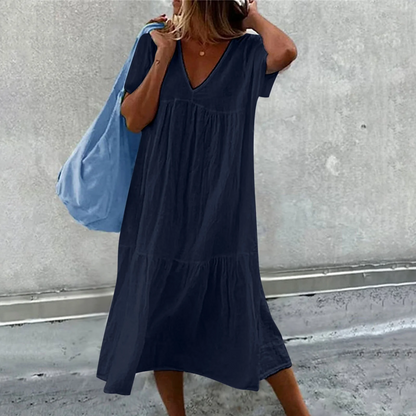 Casual Long Women's Dress with V-Neck and Pocket – Daily Elegance for All Occasions