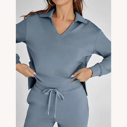 Women's Casual Polyester Set with V-Neck Top and Adjustable Wide Pants – Comfort and Elegance