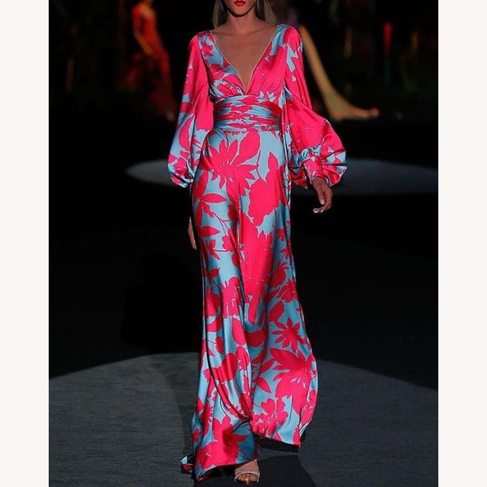 Elegant Long Dress for Women with V-Neck and Puff Sleeves – Casual Boho Style