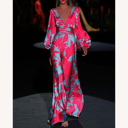 Elegant Long Dress for Women with V-Neck and Puff Sleeves – Casual Boho Style