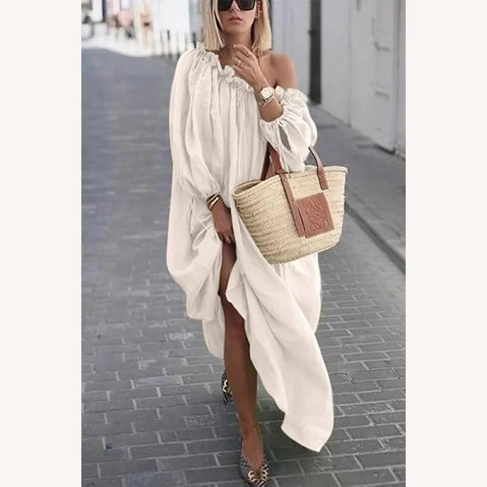 Robe Longue Femme Ample à Une Épaule - Chic et Décontractée en Couleur Unie, Idéale pour Toutes Occasions