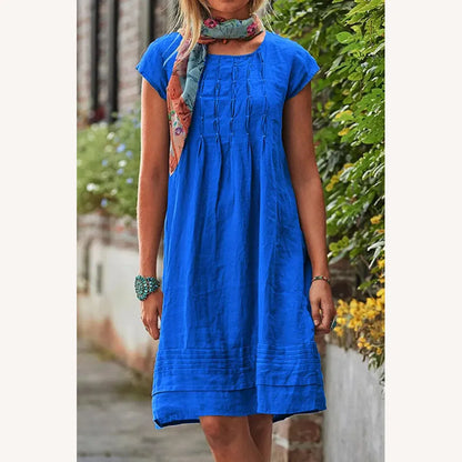 Women's Casual Short Sleeve Solid Patchwork Dress with U-Neckline – Elegant and Comfortable