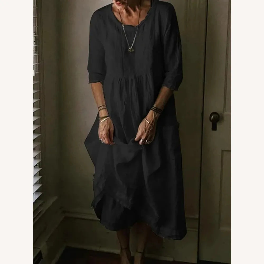 Long Women's Dress with Crew Neck in Blended Linen, Elegant and Comfortable, 3/4 Sleeves – Ideal for Spring and Summer