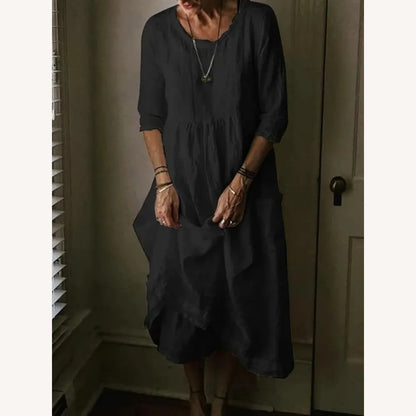 Long Women's Dress with Crew Neck in Blended Linen, Elegant and Comfortable, 3/4 Sleeves – Ideal for Spring and Summer