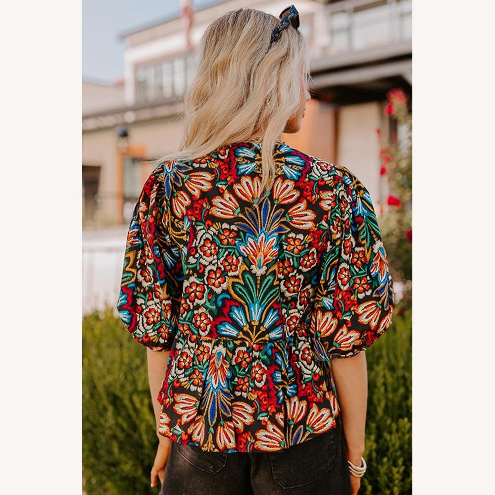 Women's Bohemian Floral Black Peplum Blouse with Puff Sleeves and Tie Collar - Elegant and Stylish