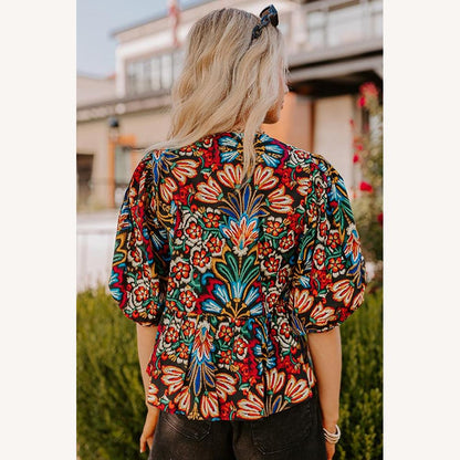 Women's Bohemian Floral Black Peplum Blouse with Puff Sleeves and Tie Collar - Elegant and Stylish