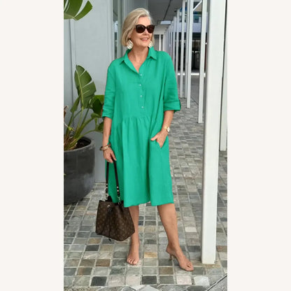Women's Casual Dress in Linen and Cotton Mid-Length - Comfortable with Pockets, Round Neckline, Multiple Colors