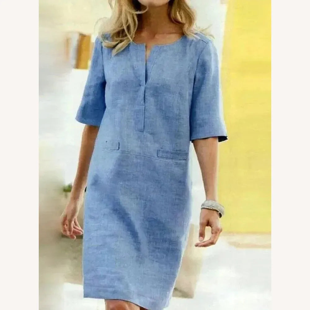 Robe Femme à Manches Courtes en Coton Mélangé – Élégance Décontractée pour Printemps Été