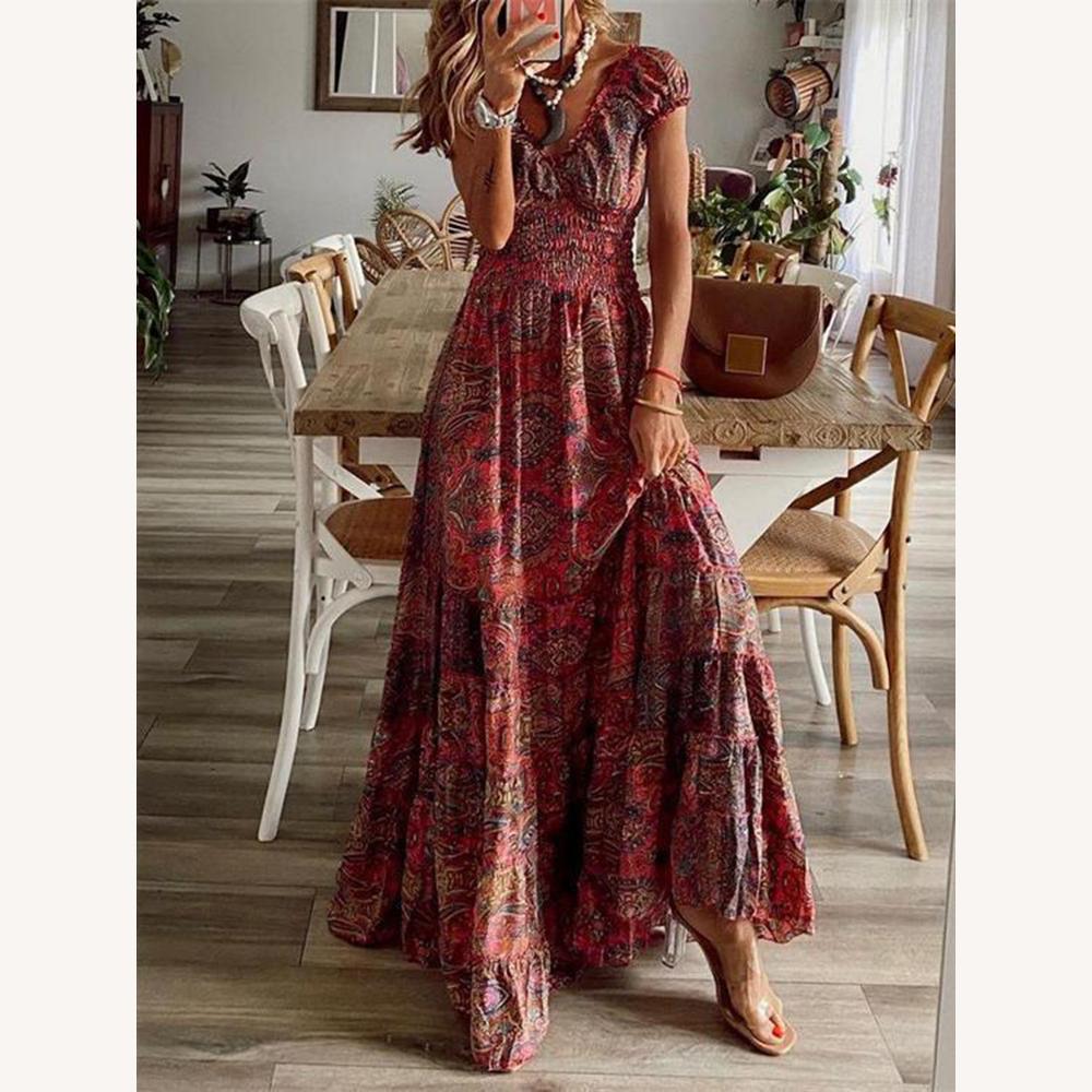 Robe Femme à Manches Courtes Col en V Imprimé Vibrant – Élégance et Confort pour Été