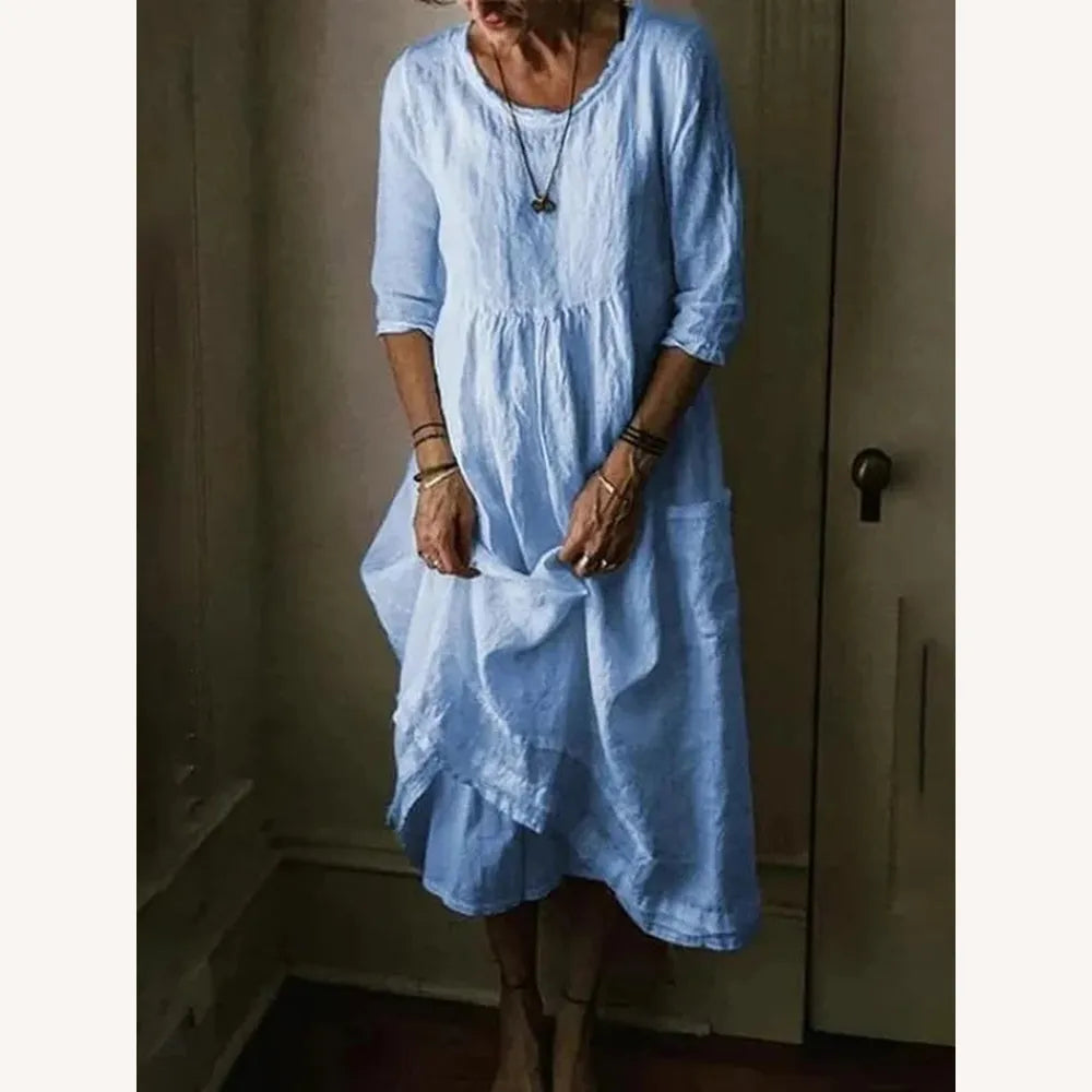 Long Women's Dress with Crew Neck in Blended Linen, Elegant and Comfortable, 3/4 Sleeves – Ideal for Spring and Summer