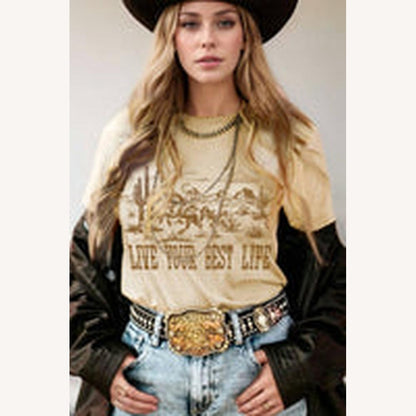 Women's Beige Graphic T-Shirt Live Your Best Life – Casual Western Style in Cotton, Round Neck, Sizes S to XL