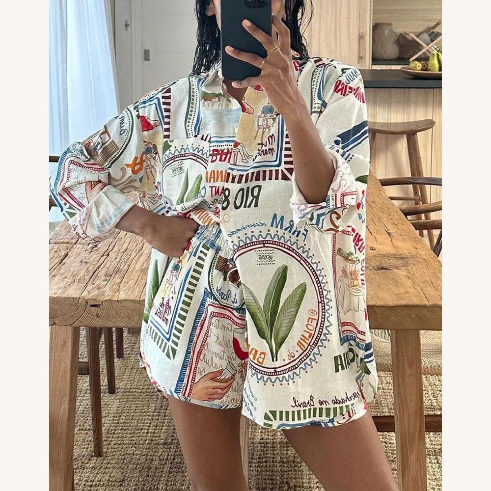 Chemise Femme Oversize Imprimée en Lin et Coton, Motifs Rétro Multicolores - Style Décontracté pour Été